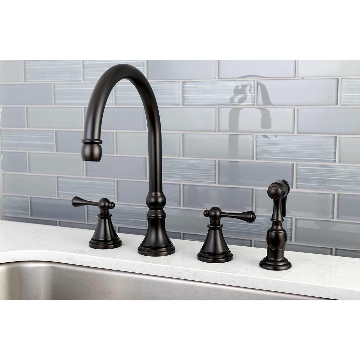 Kingston Tulare KS2795BLBS - Governor Double-Handle 4-Hole Widespread Kitchen Faucet with Brass Sprayer, Oil Rubbed Bronze — thumbnail 2